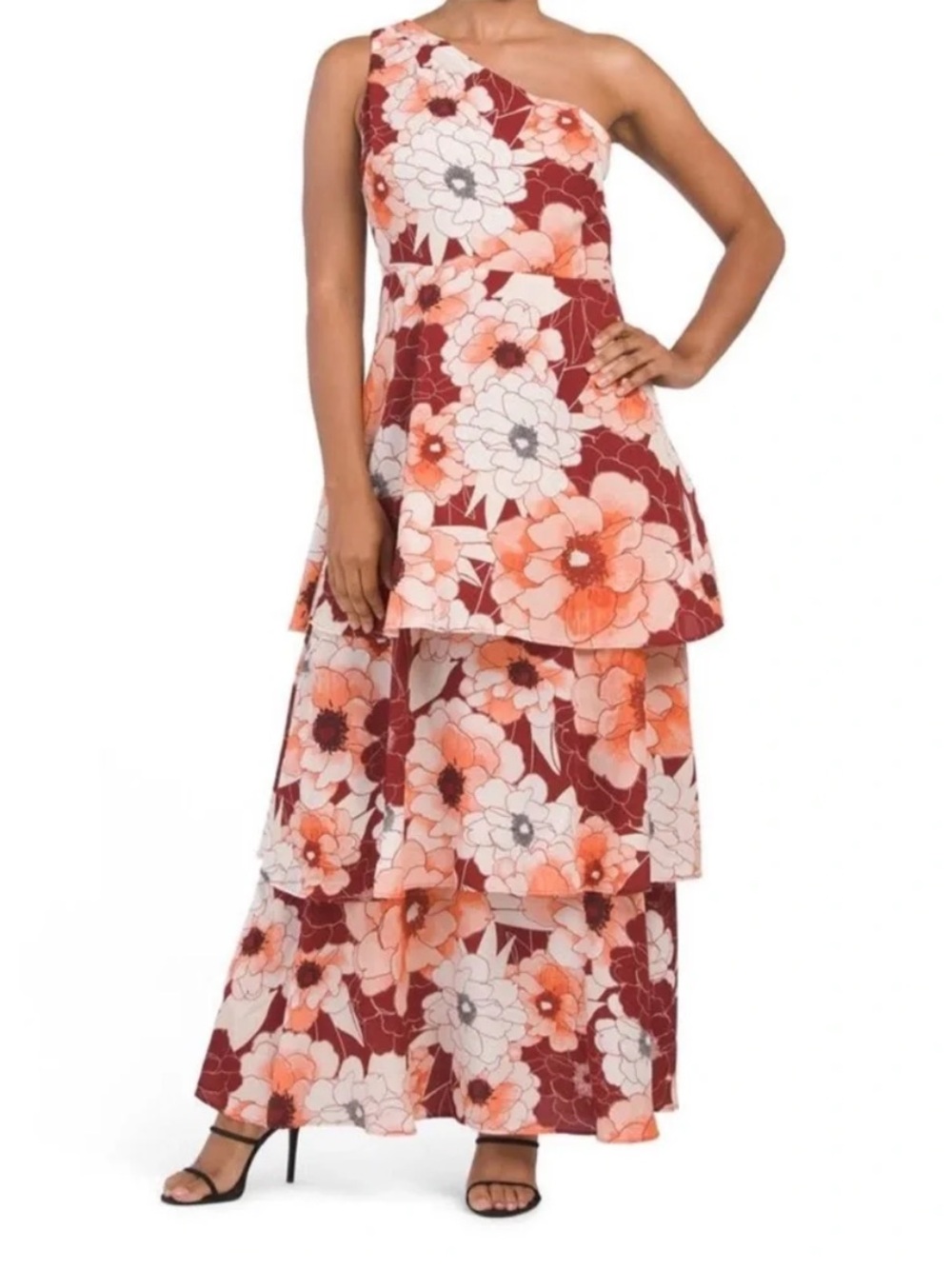Rachael Roy One-Shoulder Floral Tiered Maxi Dress in Burgundy and Coral floral 4